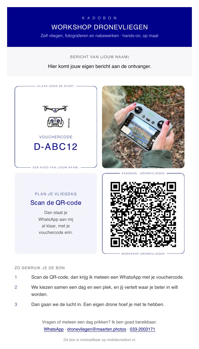 Voorbeeld van de kadobon voor de workshop dronevliegen, met vouchercode en QR code